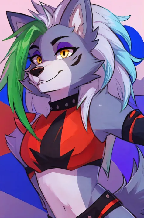 best quality, fnafroxanne, furry female, body fur, makeup, wolf ears, wolf tail, grey hair, green hair, yellow eyes, crop top,