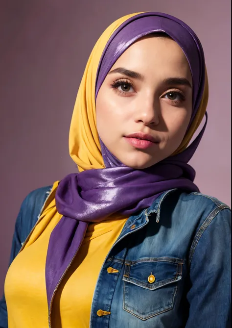 1 girl, purple hijab, yellow t-shirt, denim vest, purple shiny background, glitter, muted colors,