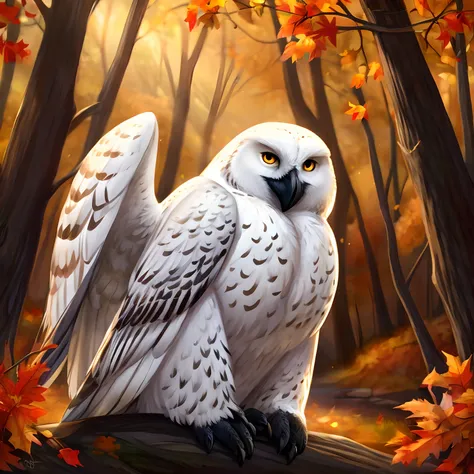 In the enchanting autumn forest, there resides a beautiful, sweet, snowy owl named Snowy.