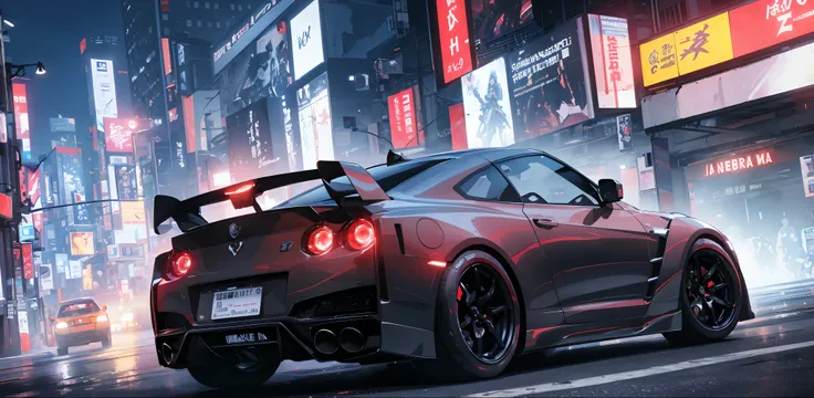 1 car, GTR r35, City street, futuristic, cyber, cyberpunk, night, beautiful lighting, colorful lighting, super detailed, wallpaper, 8k quality, masterpiece