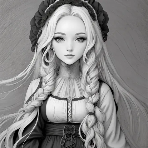 beautiful gothic female with hair dreadlocks, in the style of a coloring page, clean line art, clear line art, thick outline, white background, black and white, no color, coloring book page, coloring page, line art, clear details