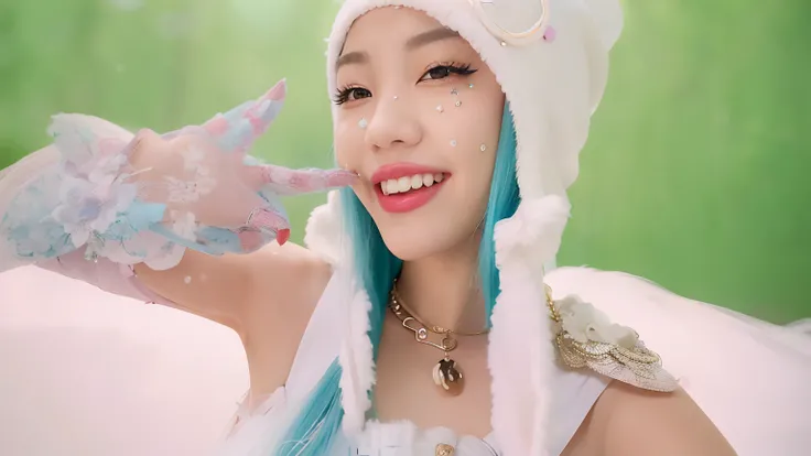 There is a woman with blue hair and a white hat, nffsw, roseanne park of blackpink, jia, smiling as a queen of fairies, y 2 k cutecore clowncore, sha xi, Belle Delphine, jaeyeon nam, jossi of blackpink, 8K)), coy smile, joyous laughter, sun yunjoo, portrai...