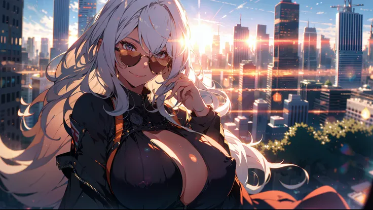 a beautiful female, huge boobs, nsfw, upper body, sunglasses on, long intricate hair, smile, sun glare, depth of field, blurry background, light particles, city skyline, wide view