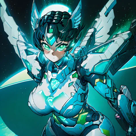 Mature anime woman, white and neon blue fantasy mech armor, big breasts, cleavage, thighs, black  short hair, green eyes, leotard, large mechincal angel wings