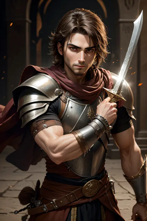 a portrait of a male warrior with brown hair training with a sword, armor, swords, daggers, prince of persia