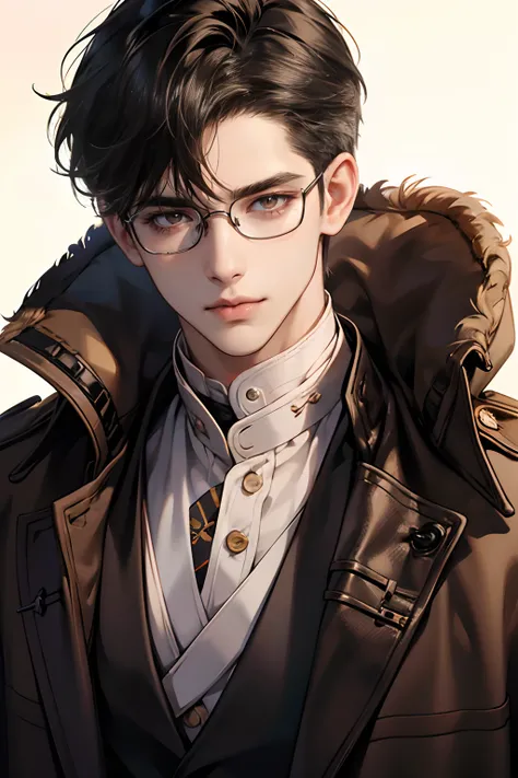 (tmasterpiece, high resolution, ultra - detailed:1.0), (1 boy, Young male), Eyes looking at the camera, Perfect male body, Extremely detailed CG, 8K wallpaper, Complicated details, solo person, Detailed face,(Black hair, brown coat,brown sweater, Glasses),...