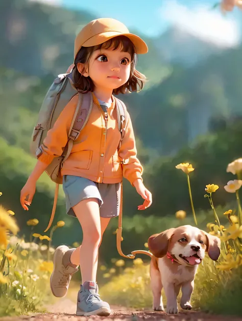 Tip: A very charming little girl with a backpack and her adorable puppy enjoying a lovely spring outing surrounded by beautiful yellow flowers and nature. The illustration is a high-definition illustration in 4K resolution with highly detailed facial featu...