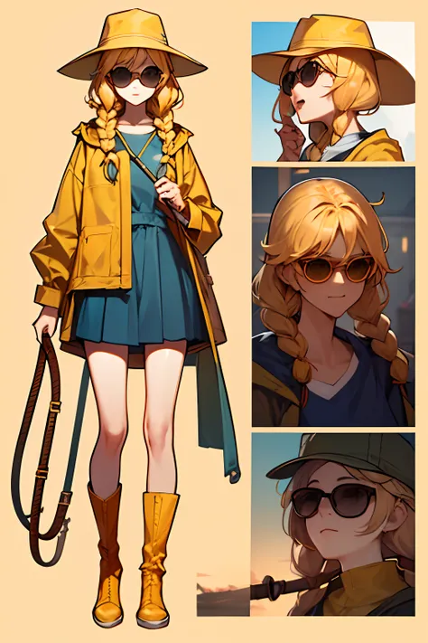 character sheet of a female character, wearing a yellow raincoat, orange tinted sunglasses, yellow hat, blonde hair in twin brai...