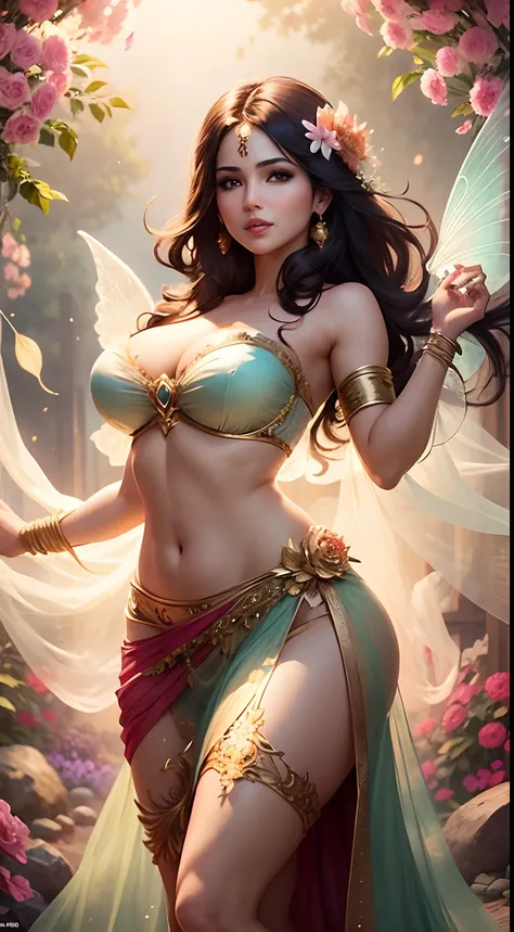 Fantasy image of Sunny Leone as a beautiful fairy, with translucent feathers, large breasts, wearing a strapless bra and a transparent sarong, in a flower garden, upper body, front view