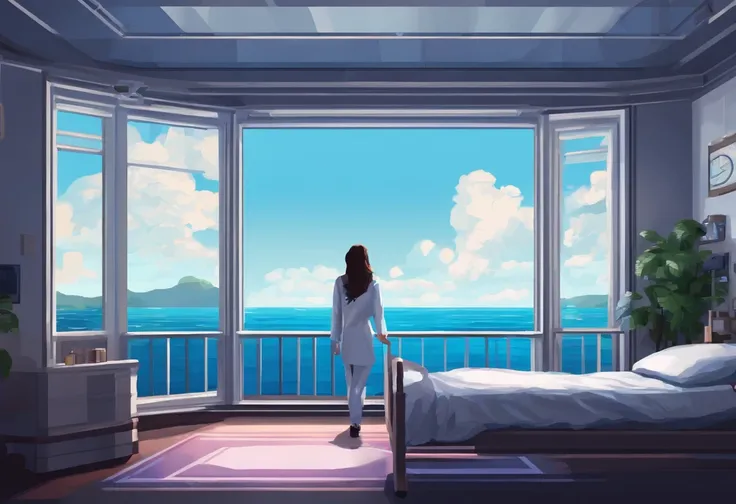 Pixel Art White Hospital Room 15 Year Old Girl Bed Big Window Sky and Sea World of Hope