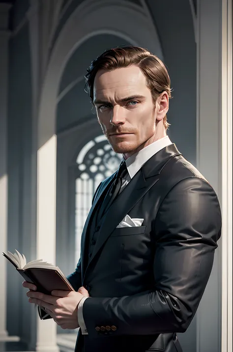 ((Michael Fassbender)), Homem de terno sentado em uma cadeira lendo um livro, epic and elegant portrait, bonito e elegante, Erwin Olavo, como James Bond, Directed by: Emma Andijewska, Pose elegante real, homem bonito, retrato promocional, sentado em sua ca...