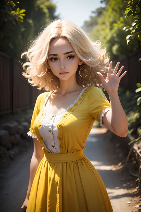 mulher, cabelo amarelo, fotografia, realista, waving with right hand, 3x4