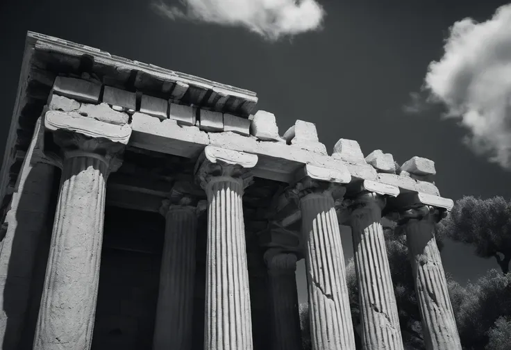 scenery, ruins of ancient Greece, destruction, black and white, 8k, cinematographic