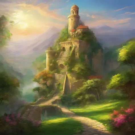 best quality,ultra-detailed,highres,realistic,landscape,Tower of Jericho,ancient stone tower,overgrown with lush green vines,majestic structure reaching towards the sky,surrounded by a beautiful garden,lush trees and colorful flowers,soft sunlight filterin...