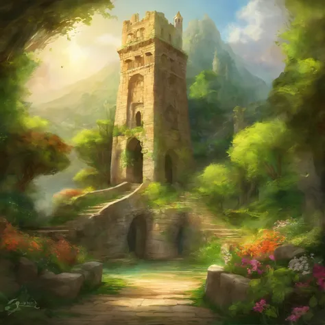 best quality,ultra-detailed,highres,realistic,landscape,Tower of Jericho,ancient stone tower,overgrown with lush green vines,majestic structure reaching towards the sky,surrounded by a beautiful garden,lush trees and colorful flowers,soft sunlight filterin...