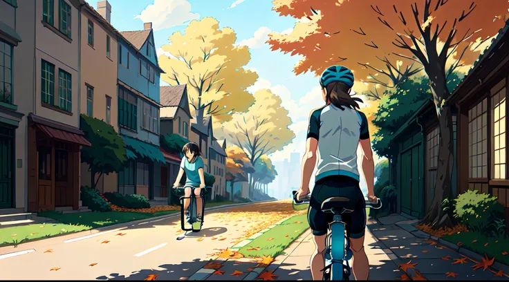 (bicyclette:1.5), (Realistic bike: 1.5), (realistic cyclist: 1.5), Plan en gros plan, Le meilleur des meilleurs, automne, orange leaves, nature, Landscaped background, ombres, contraste, Makoto Shinkai (beste-Qualit:1.3), (high resolucion:1) Art par Studio...