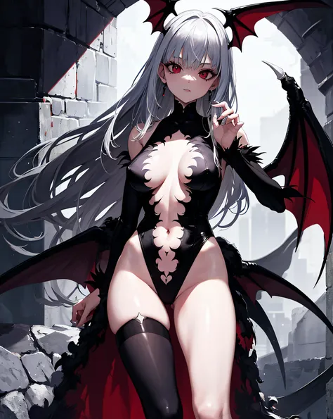 1girl, senos, joya de pecho, pantys, Alas de cabeza, solamente, senos grandes, Pelo rojo, Morrigan Aensland, alas, Animal print, bat print, pelo corto, ojos rojos, Legwear estampado, flequillo barrido, leotardo, bat like wings, escote, flequillo, tiara, Po...