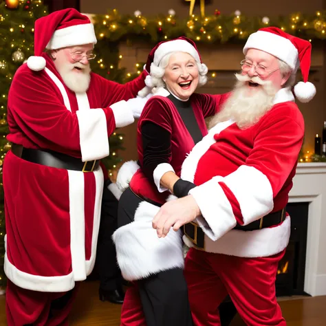 Drunk Santa Claus dancing with a nun showing her ass