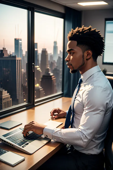 African American in a New York City high rise office man sitting at a large computer screen with the background of a window view of the New York city skyline in the evening.