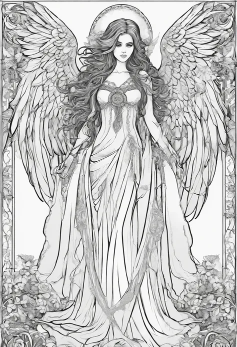 Beautiful gothic female angel of death, in the style of a coloring page, clean line art, clear line art, thick outline, white background, black and white, no color, coloring book page, coloring page, line art