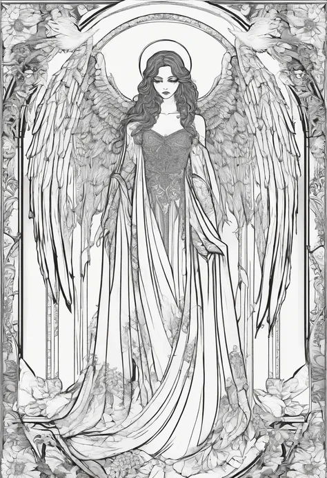 Beautiful gothic female angel of death, in the style of a coloring page, clean line art, clear line art, thick outline, white background, black and white, no color, coloring book page, coloring page, line art