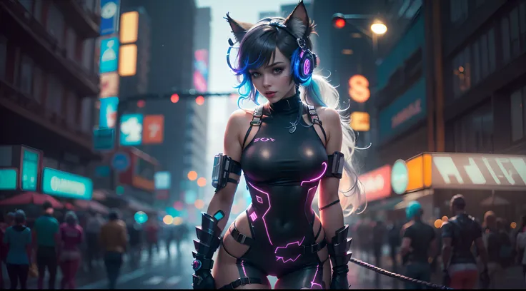 (RAW-Foto, best quality, Meisterwerk:1.2), (realistisch, fotorealistisch:1.4),(Meisterwerk:1.4),(best quality:1.4), ((sexy niedlich cyberpunk catgirl)), ((slender body)), big breasts, :d, (Pony), flush, ((Colorful body harness)), ((Dynamische Pose)), Cowbo...