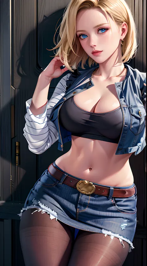 android 18，and 18， 1girll， android 18， 独奏，android 18 database， （（（blond hairbl， eblue eyes， short detailed hair，耳nipple ring， je...