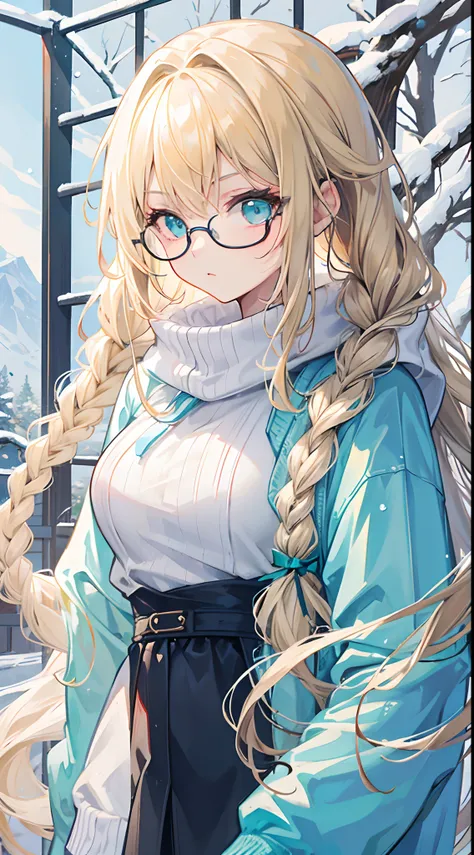 Women, age is 18 years old, blond hair, Turquoise eyes, long-haired, Right side braid, Wear glasses, Wear a sweater....,In the snowfield