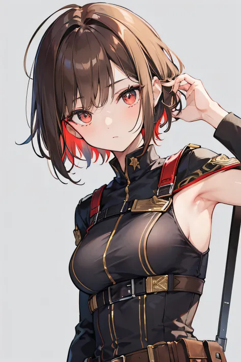 Female, 1 woman, hair style: most short, hair color light brown, eye color: medium brown, light skin, hooked nose, black soldier clothes with red details, character color palette olive