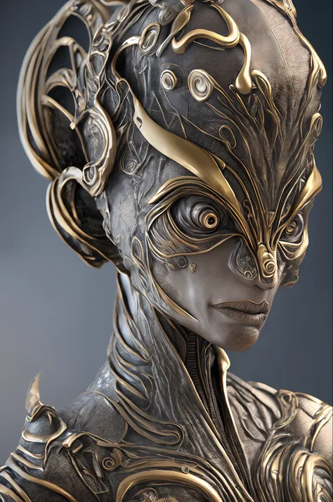 a close up of a statue of an alien, a hyper-detailed alien, realistic alien, female alien, reptilian space alien, portrait of a humanoid alien, alien portrait, alien creature, portrait of an alien, cgsociety uhd 4k highly detailed, alien looking, sci-fi li...