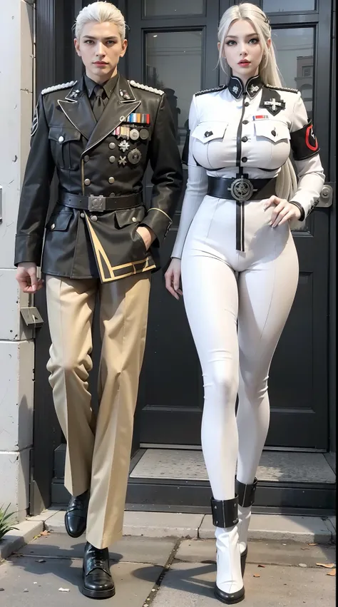 physically-based rendering, 1girl, Female soldier, (white hair), (huge fake breasts:1.1), (street city), sexy muscular body, slim waist, big buttocks, (Full body:1.3), walking, skintight white army pants, (white military uniform).