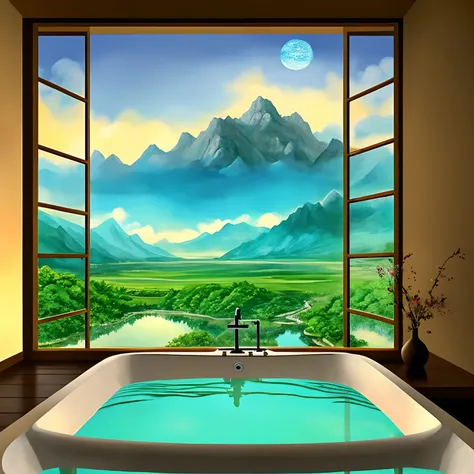 There is a large bathtub in the middle of a room with mountain views, detailed scenery—width 672, detailed cenary, bubbly scenery, anime scenery, anime bela cena de paz, beautiful anime scenery, arte de fundo do anime, scenery artwork, Vista deslumbrante, ...