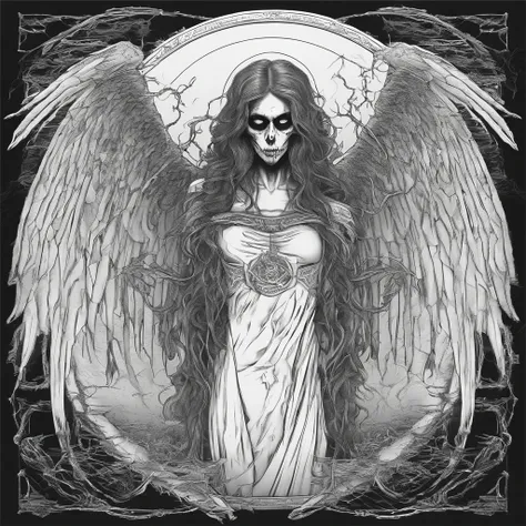 Beautiful female angel of death, in the style of a coloring page, clean line art, clear line art, thick outline, white background, black and white, no color, coloring book page, coloring page, line art