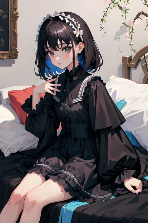 child，（​masterpiece，Highest Quality），Black Lolita Clothes，A dark-haired，Blue Wall，black tea