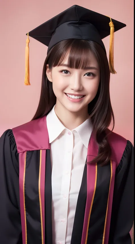 Miss Cabaret、 Graduation Gown、hiquality、A hyper-realistic、healthy、Smiling expression、Slender perfect figure、Japan beauties、beautidful eyes、face perfect、Beautiful skin、Pink background