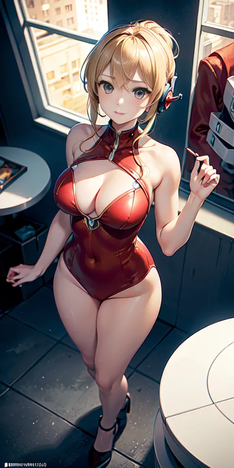 (Aerial view), dynamic angle, ultra detailed, illustration, close-up, straight, only 1 woman, ((interface headset, red suit: 1.4, blonde)),Her eyes shone like dreamy stars,(bright eyes:1,233 ),(beautiful and detailed eyes:1.1),(expressionless, closed mouth...