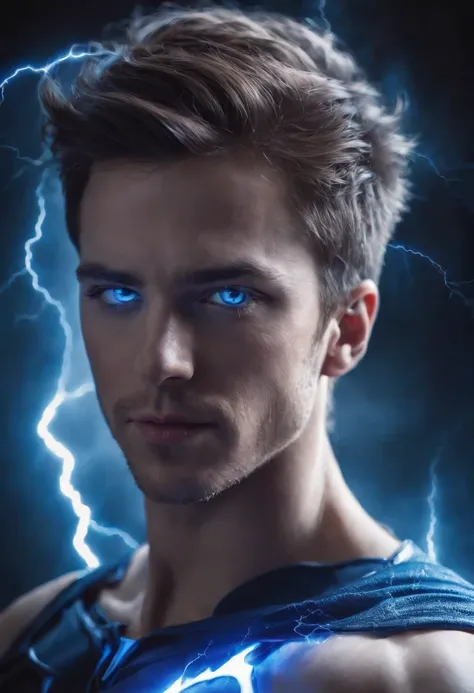 Cool mysterious super hero, blue lightning, blue eyes, portrait image, ultra realistic, 8k,