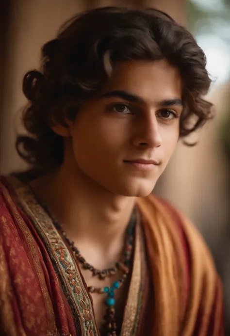 Create the realistic image of a 17-year-old boy wearing a colorful tunic, Her hair is medium brown and her skin is light, has medium height and wears typical Middle Eastern clothing from the fourth century to.C.