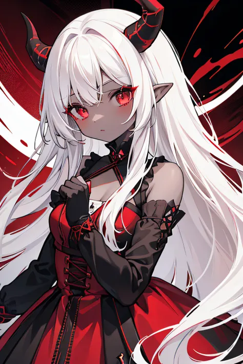 Female, 1 girl, color skin: pale, color eye: crimson, hair long white hair and black and red horns, red dress with laces crossing each other with white and black details, she wears long black fingerless gloves, color pallet crimson