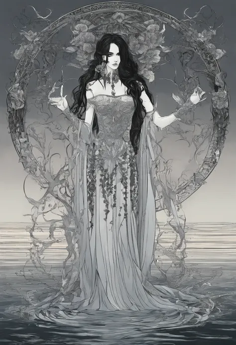 beautiful woman Full body scary Water fae humanoid being with gills and webbed fingers and sharp . Dark long hair. Black eyes. Thin and bone-thin.