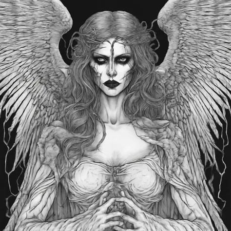 Beautiful female angel of death, in the style of a coloring page, clean line art, clear line art, thick outline, white background, black and white, no color, coloring book page, coloring page, line art