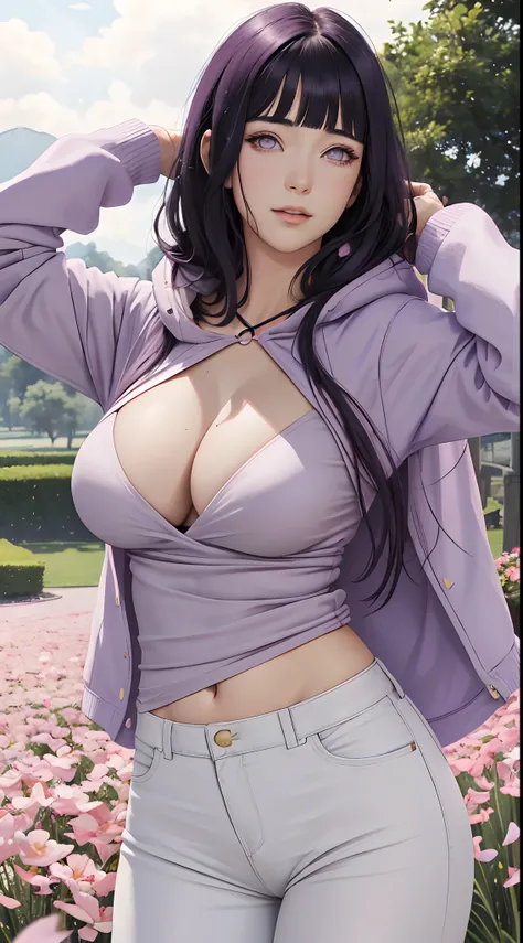 masterpiece, absurdres, hinata(boruto), 1girl, slim waist,wide hips,hard nipple,solo,sexy pose,mature female, purple hoodie,layered sleeves,white pants,  outdoors,lavender flower field, looking at viewer, (falling petals), cloudy sky, perfect composition, ...