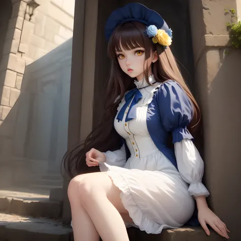 Anime girl with long brown hair and yellow eyes. She is wearing a victorian short dress, majority in white with blue details