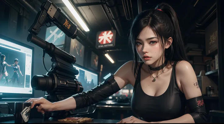 Beautiful hyper-realistic photo of a cute Asian cyberpunk girl, Tragen von Cyberpunk-Tanktop und Oberschenkelhose, Katana halten, bunter neonhintergrund, cluttered Blade Runner background, Dynamische Pose, Konzeptzeichnung, von Brian Froud und Carne Griffi...