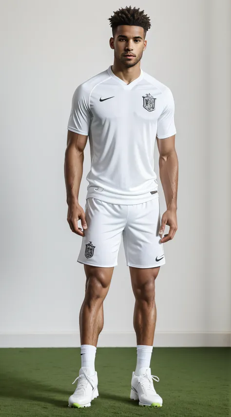 um jogador de futebol de camiseta branco, White shorts and white boot, 4k, anatomia perfeito, sem defeitos.