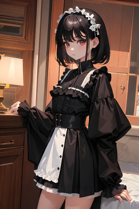 child，（​masterpiece，Highest Quality），Black Lolita Clothes，shortsleeves，a miniskirt，A dark-haired，Black walls