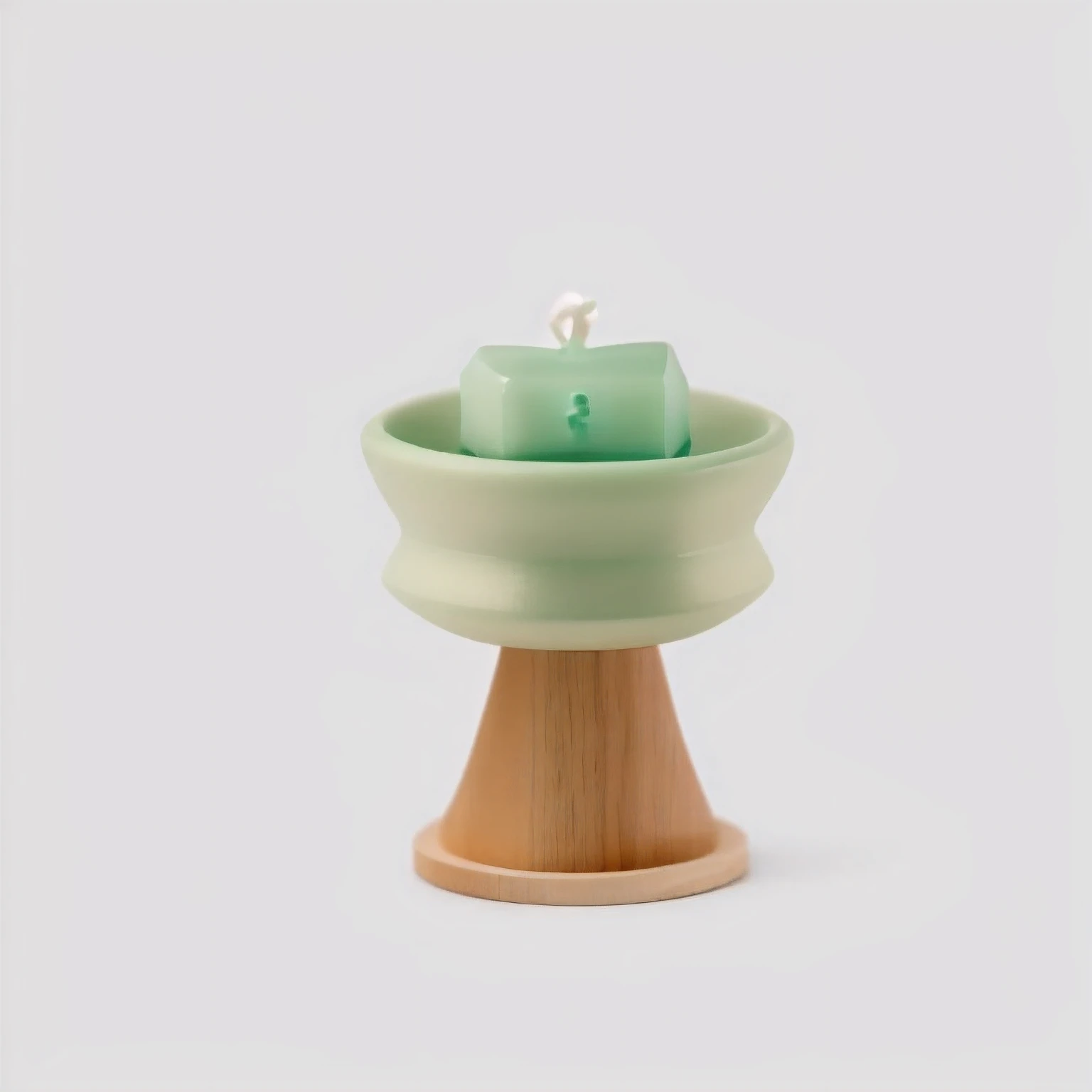 On the wooden shelf is a small green candle, holding a candle holder, on a candle holder, with celadon glaze, Candle, cone, pillar, wooden art toys on base, celadon glaze, close-up product photo, eora, Wooden, Product photo, high quality product photo, hei...