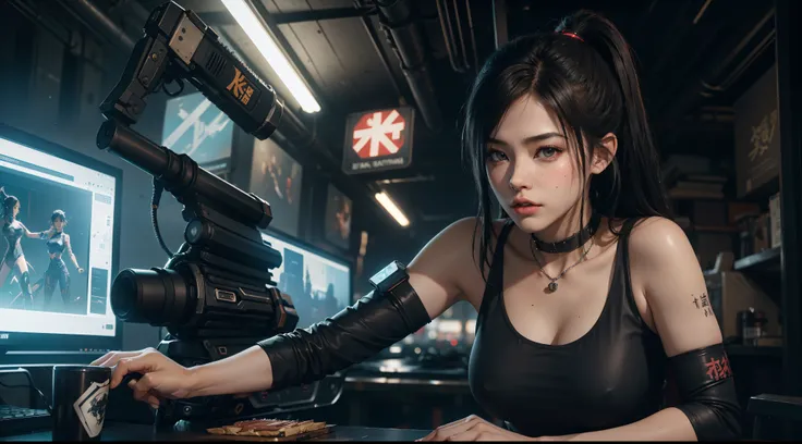 Beautiful hyper-realistic photo of a cute Asian cyberpunk girl, Tragen von Cyberpunk-Tanktop und Oberschenkelhose, Katana halten, bunter neonhintergrund, cluttered Blade Runner background, Dynamische Pose, Konzeptzeichnung, von Brian Froud und Carne Griffi...