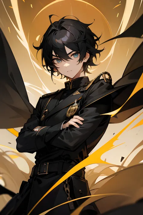 A man with eyes like silver mirrors, and pure-black hair like the void. Wears a regal black and gold military outfit.