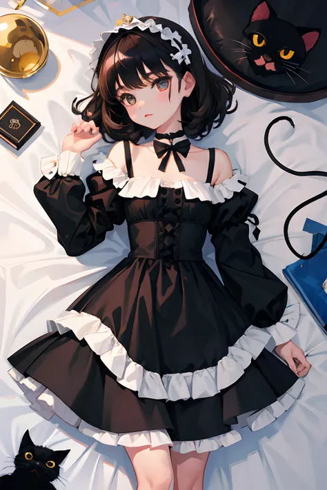 child，（​masterpiece，Highest Quality），Black Lolita Clothes，A dark-haired，black cat